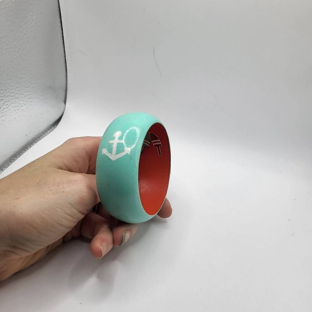 Sailor Style Teal and Red Bangle Bracelet with an Anchor - 1.25" wide